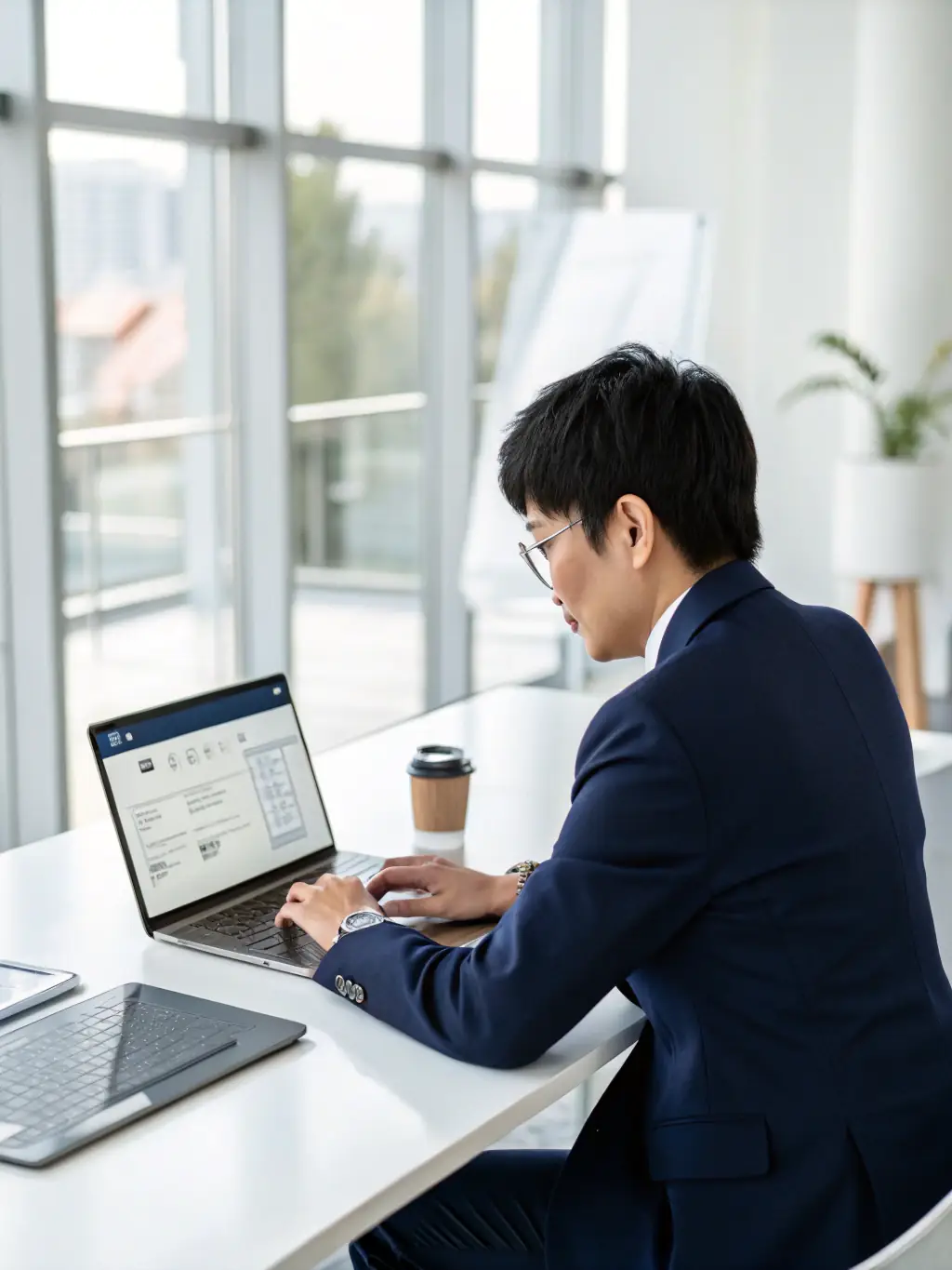 A professional businessman using PlanTech's AI-driven platform on a laptop, showcasing the user-friendly interface and efficient planning process.